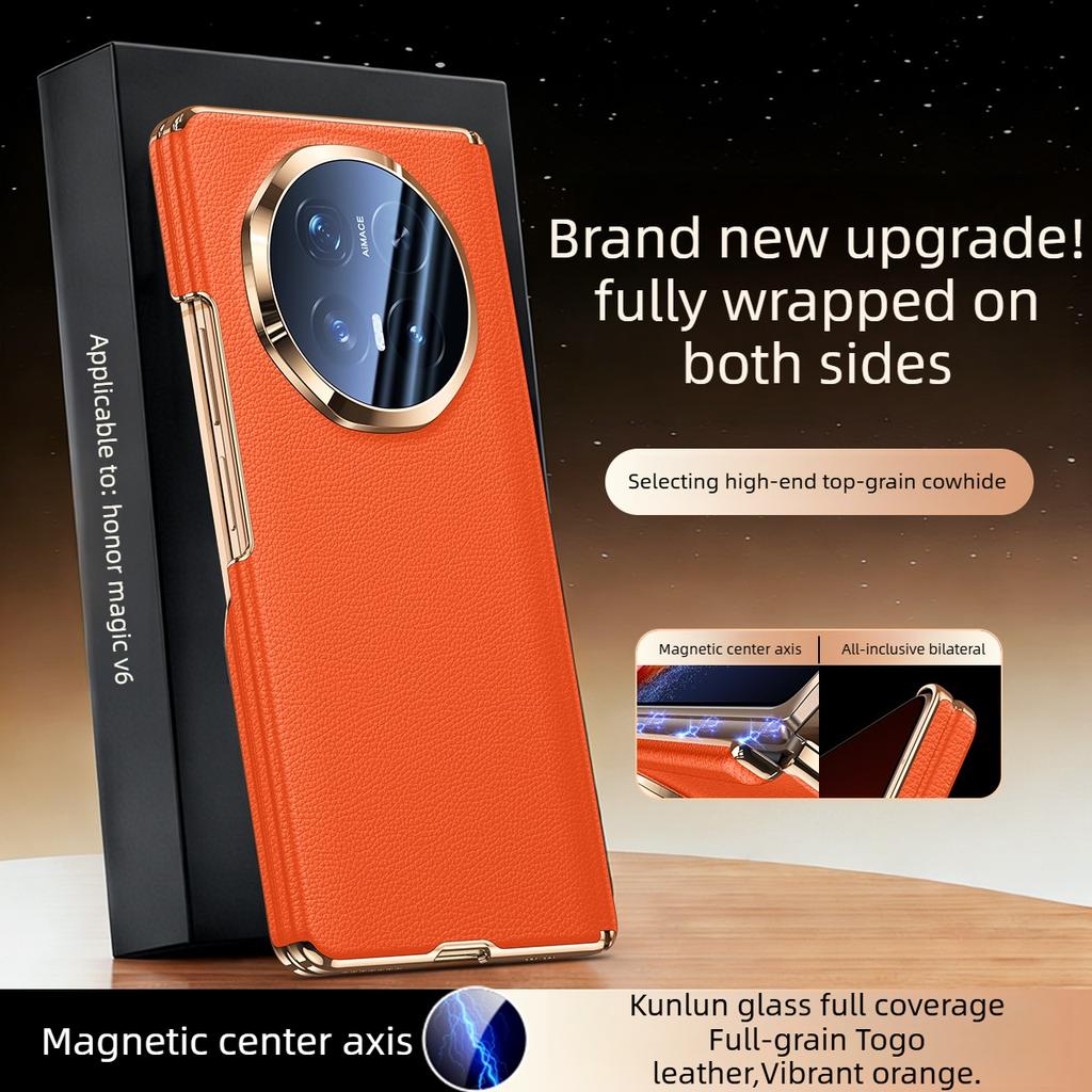 [[Dual-axis Protection] for Honor Magic V6 Case Luxurious Genuine Leather for Magsafe Wireless Charging Premium Back Phone Case