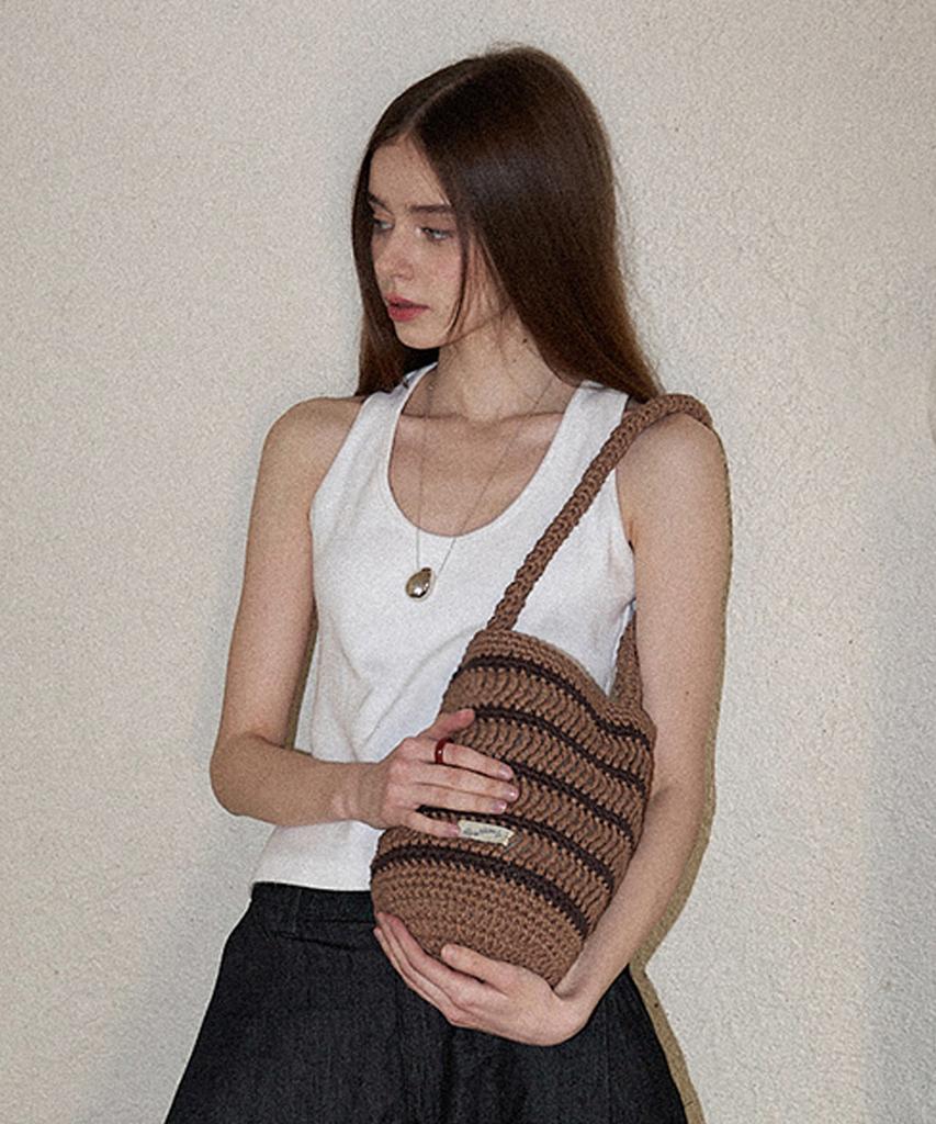 Slowslowly Moroccan Handmade Crochet Stripe Bucket Bag _ Brown