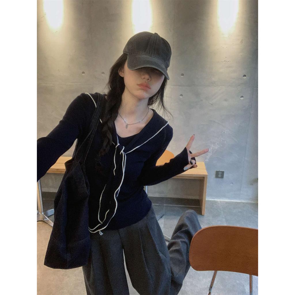 Navy Collar Short Top Women's Spring and Autumn New Long-sleeved Outer Design Shawl Niche Knitted Sweater