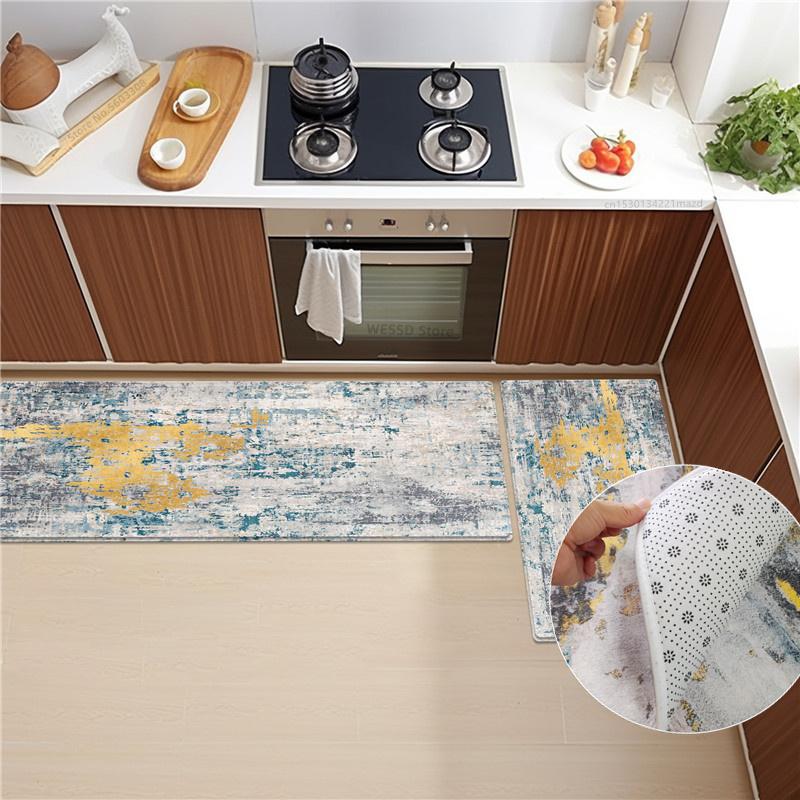 Soft Velvet Kitchen Rug Set With Abstract Print Non-slip Absorbent  Washable Doormat Bathroom Floor Mat