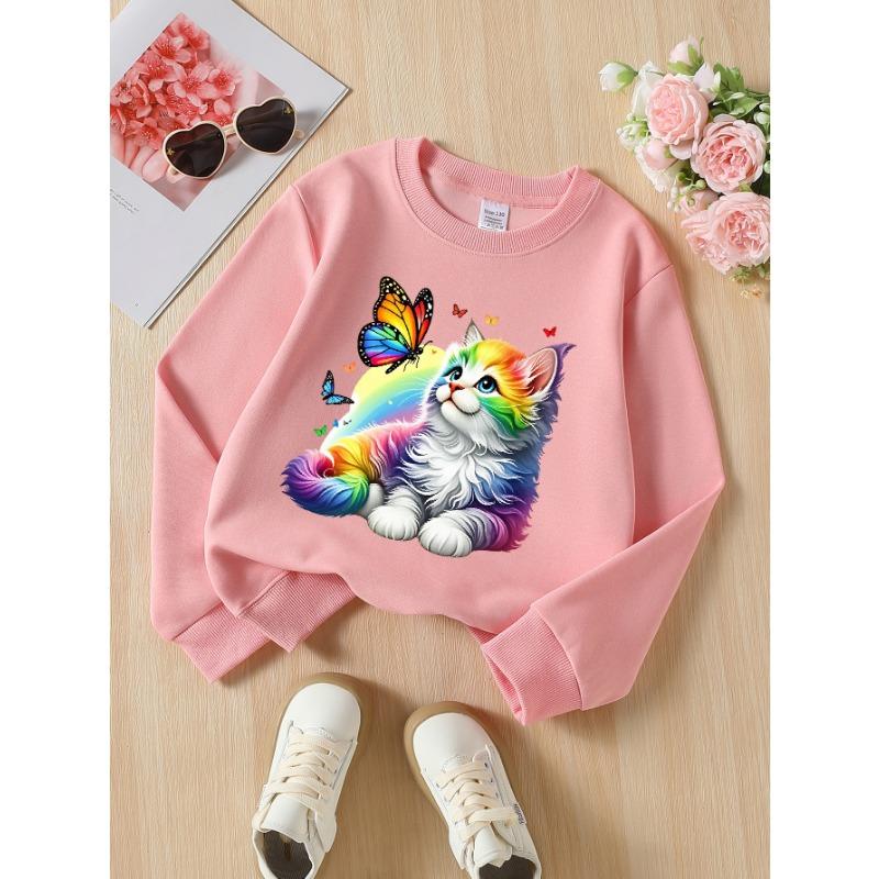 European sizes Girls' Soft Crewneck Sweatshirt Rainbow Cat Butterfly Print, Casual for Fall Winter, Ideal Holiday Present.