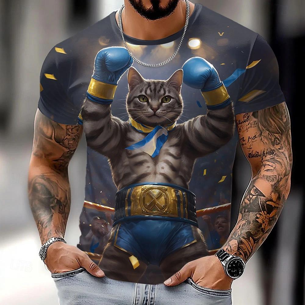 Summer Men's T-Shirt Funny Cartoon Cat Printed Breathable Outdoor Short Sleeve Graphic T-Shirts Casual Oversized Men Clothing