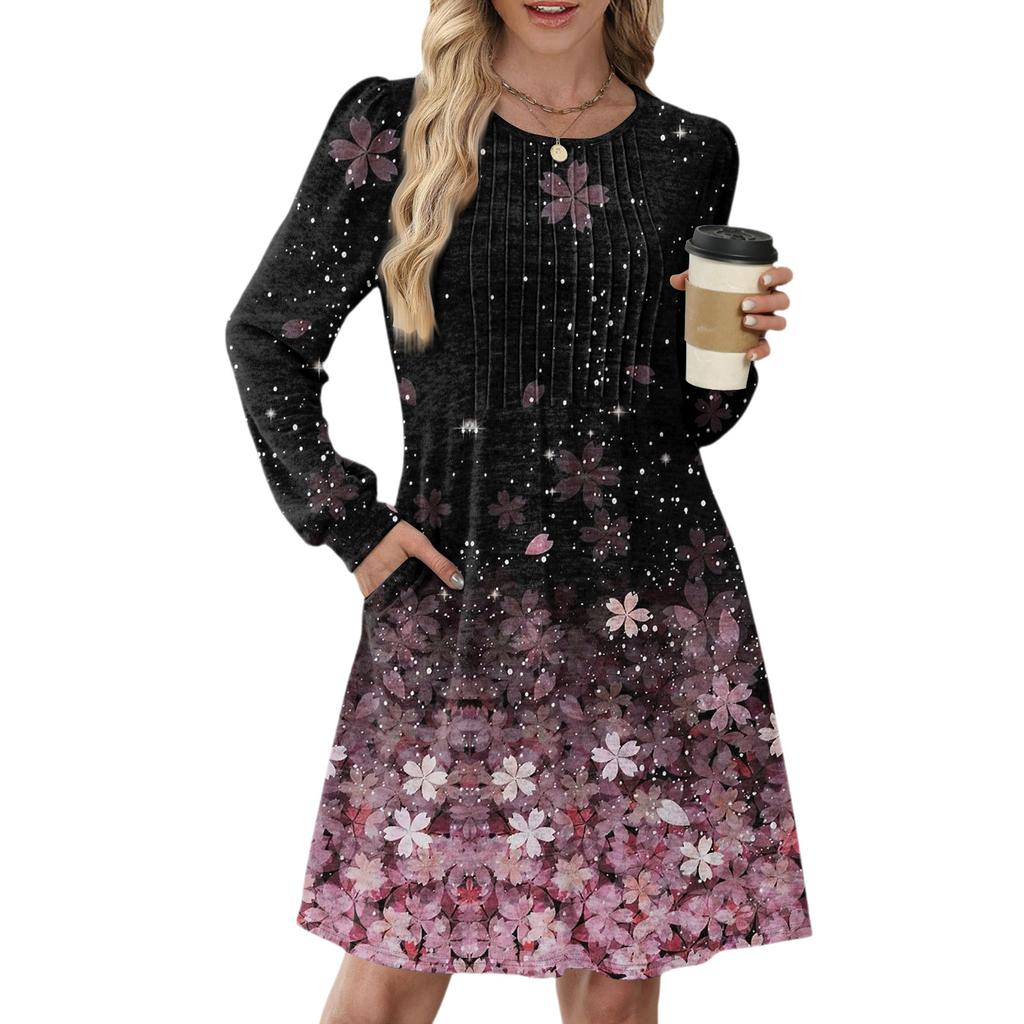 Women's Long Sleeve Pleated Round Neck Vintage Floral Print Casual Dress With Pockets