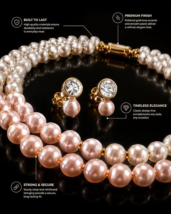 Pearl Necklace and Earrings Set for Women, Double Strand Pearl Jewelry Set