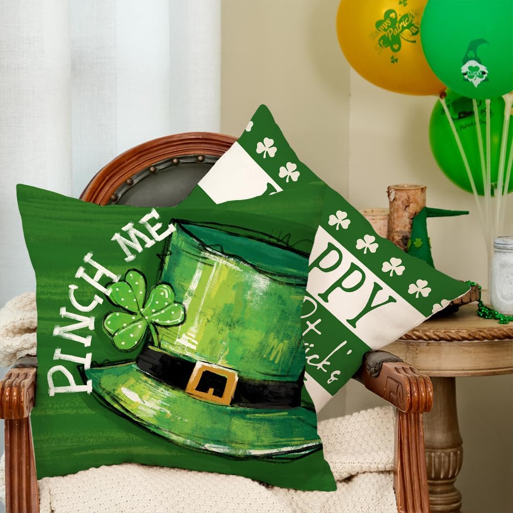 GEEORY Happy St. Patrick's Day Pillow Covers 18 x 18 Inch Set of 4, Green Shamrock Good Luck Leprechaun Hat Pinch Me Farmhouse Throw Pillowcases for