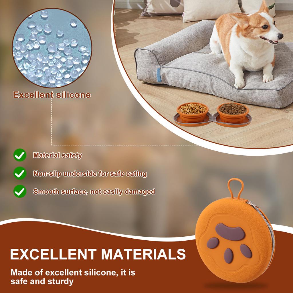 Faltbarer Haustiernapf Silikon Outdoor Tragbarer Hundenapf mit Reißverschluss Zusammenklappbarer Katzen-Doppelnapf für Spaziergang Reise Camping