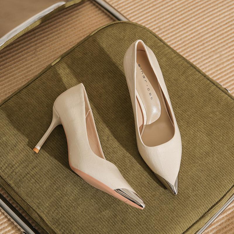 

8863 [sheepskin] high heels women s thin heels 2025 new metal pointed temperament commuting shallow mouth single shoes 39