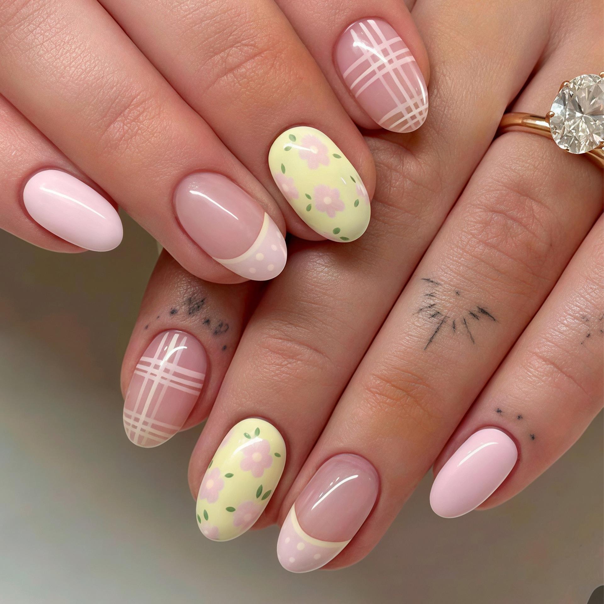 

24PCS Summer Fruit Almond Press on Nails Sweet Blue Plaid Bow French False Nails Cute Cherry Lemon Wearable Manicure Fake Nails