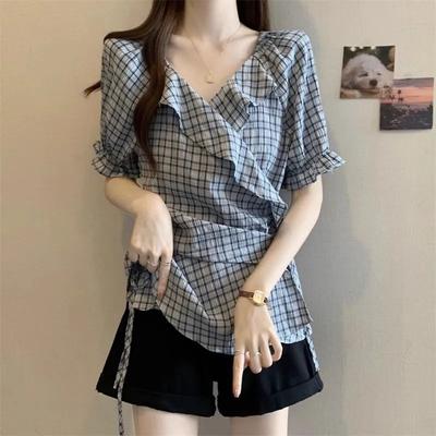 New Summer Plaid V-neck Short-sleeved Shirt Design Sense Women's Waist-hugging Shirt Top