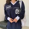 New ArriVals Open Run Women Sporty Color Block Lettering Cotton V Neck Long Slee