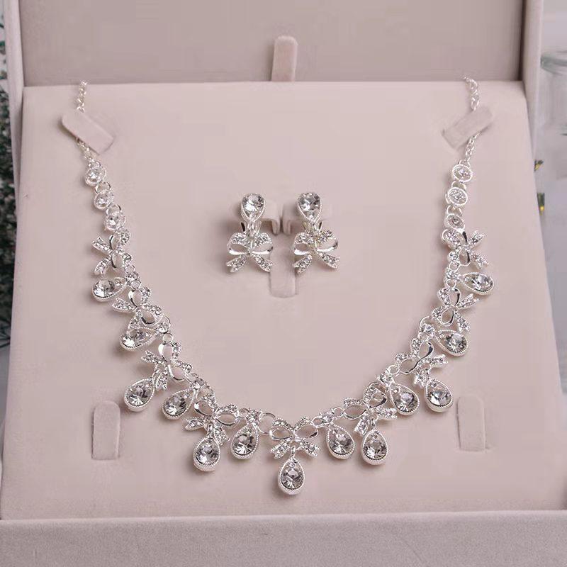 Korean Bridal Necklace & Earrings Set - Rhinestone & Pearl Wedding Accessories