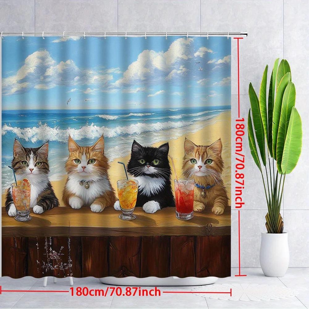 1pc Whimsical Kittens Beach Bar Shower Curtain - 4 Cats At Wooden Bar with Drinks, Calico Tortoiseshell Black Tabby & Blue Sky