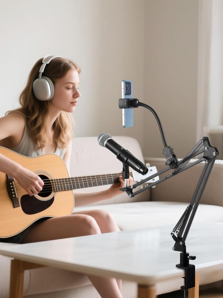 Microphone Arm Boom Arm Desktop Microphone Stand with Smartphone Adjustable Metal for Live and Karaoke Microphone Microphone Japanese Instruction