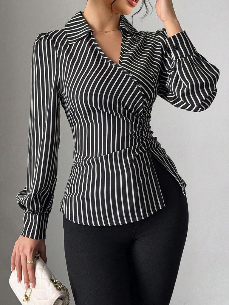 Women's Striped Slit Tie-Waist Long-Sleeve Shirt