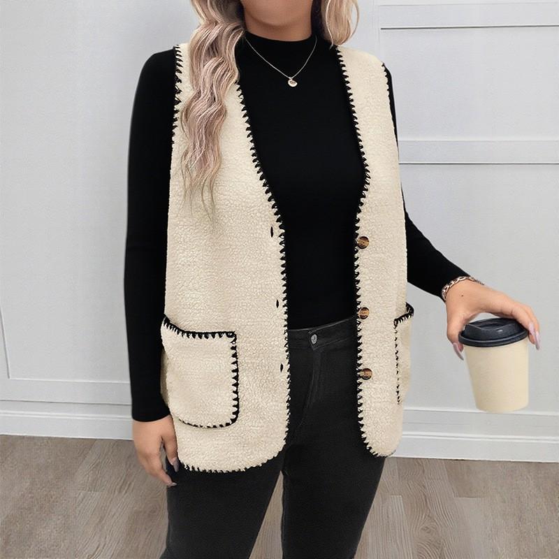 Womens V-Neck Sleeveless Cardigan Vest Plus Size Mid-Length Thick Fleece Outerwear Fall Winter Loose Casual Top