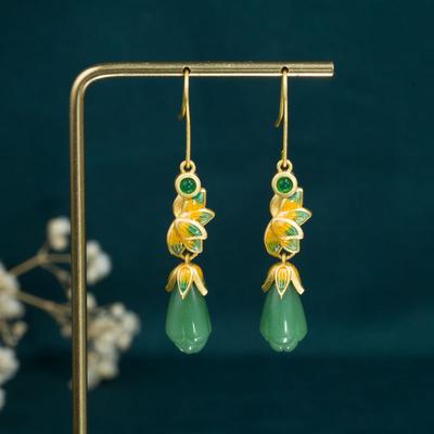 One Billion China-Chic Vintage New Chinese Jewelry Enamel Color Small Crowd Yulan Flower Imitating Hotan Jade Ancient Style Earring Accessory Girl