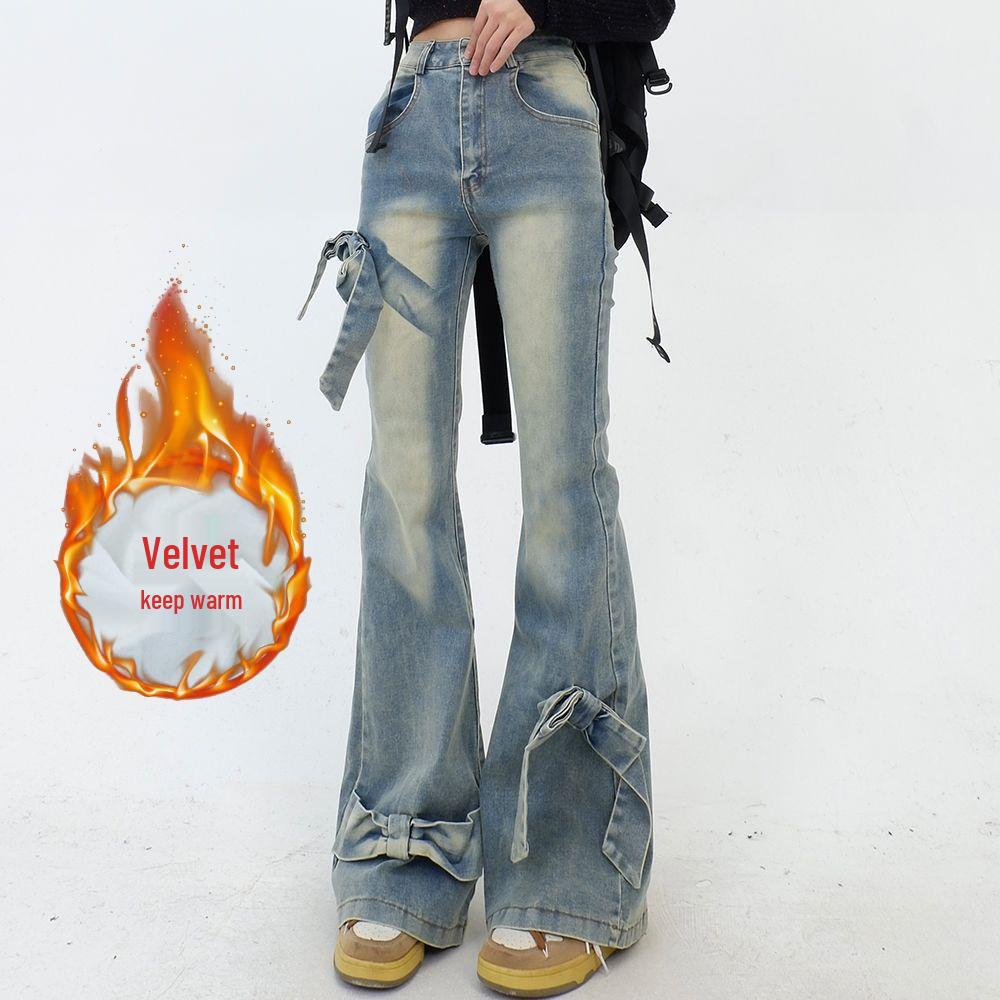 

Women s Retro High-Waist Micro-Flare Jeans - Bowknot Slimming Design, Autumn/Winter Style XS синий