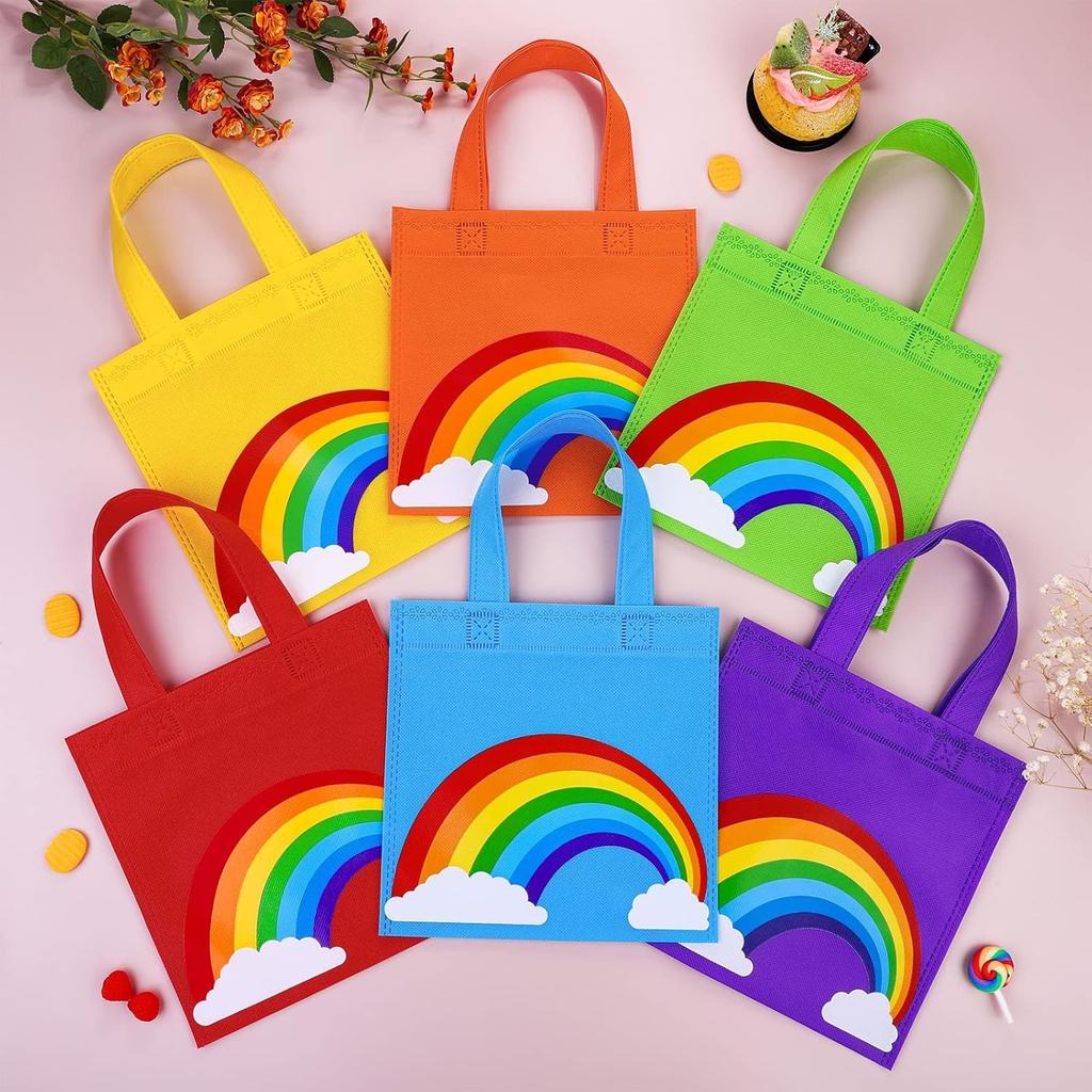 Aneco 24 Pieces Candy Non-Woven Bags Rainbow Party Favor Bags 8×8 Inch Trolls Goodie Bags 6 Colors Party Favor Gift Bags for Birthday Wedding