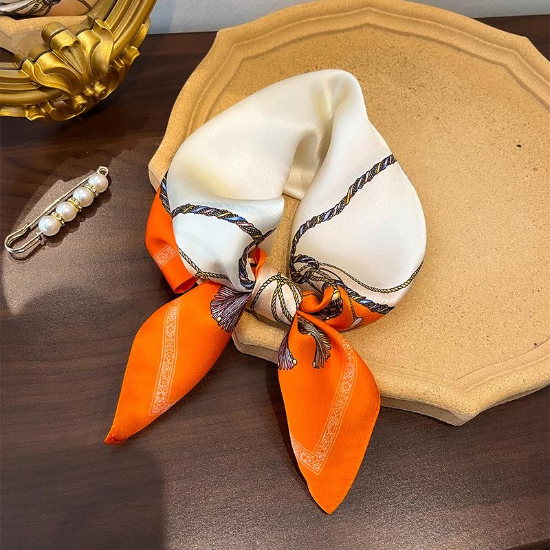 Light Luxury Ins Style Silk Silk Scarf Women's Spring Fashion Orange Rope Knot Mulberry Silk Square Scarf Versatile Tied Bag Small Silk Scarf