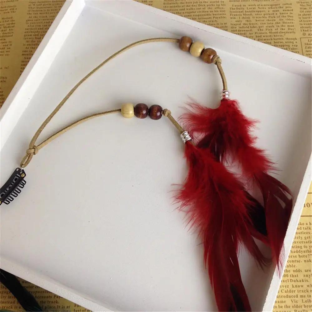 

2025 New Fashionable Boho Feather Headband Wig Beaded Feather Headdress Handmade Hair Clip Girl Hair Accessories High Quality вина червоного кольору