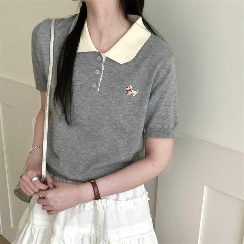 

Women s Knitted Pullover Fashion Short Sleeve Patchwork Sweater Top Elegant Slim Contrast Lapel Knitted Pullover embroidery Tops One Size