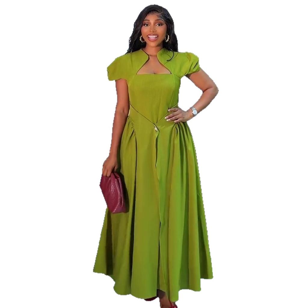 European and American Women's Clothing Summer African New Elegant Style Square Neck Bubble Sleeve Waist Dress