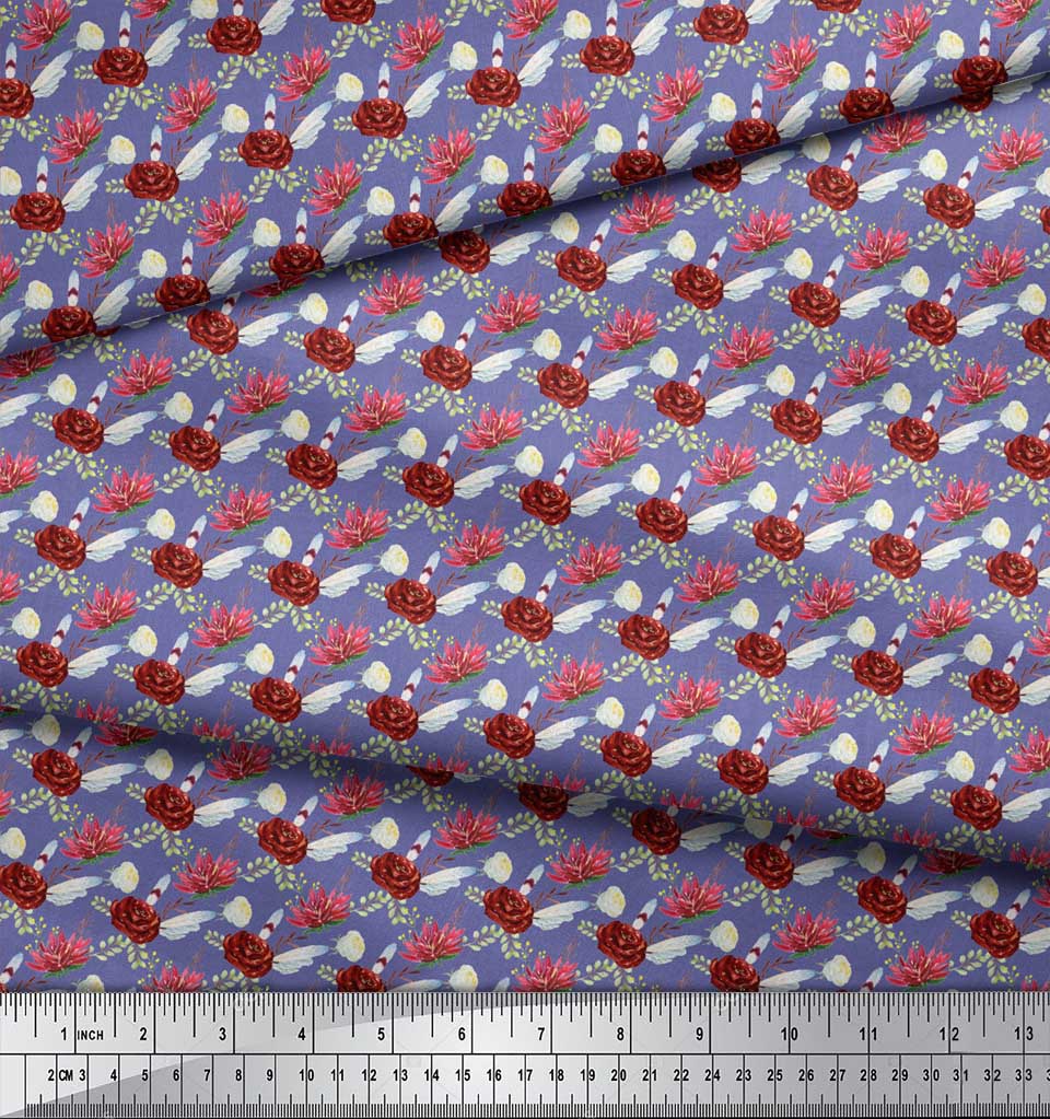 Soimoi Purple Japan Crepe Satin Fabric Leaves & Camellias Floral Print Fabric by metre 42 Inch