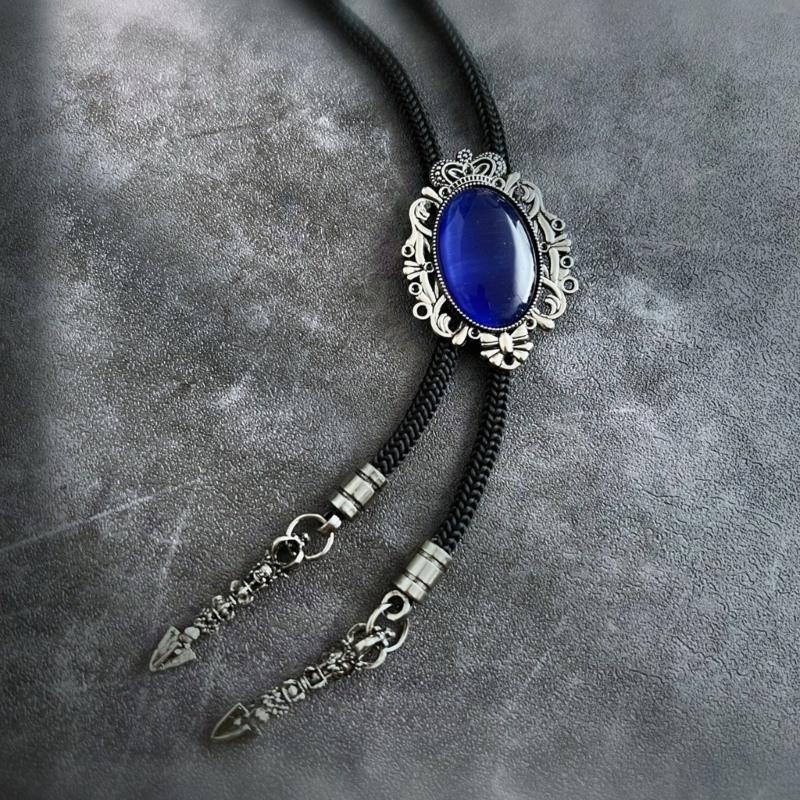 Men Women Handmade Vintage Bolo Tie Western Cowboy Braided Rope Necktie with Antique Stone Feathered Pendant Necklace