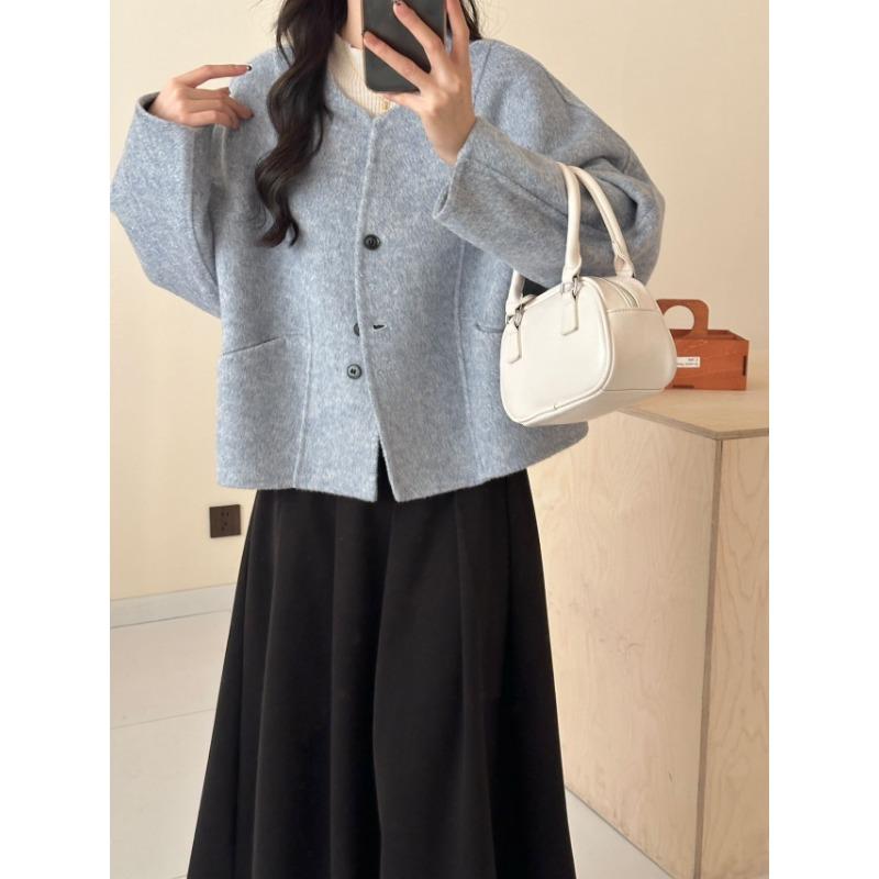 Herbst und Winter Einfarbig Kurz Einreihig Beidseitiger Wollwollmantel für Damen Petite Lässiger Wollmantel