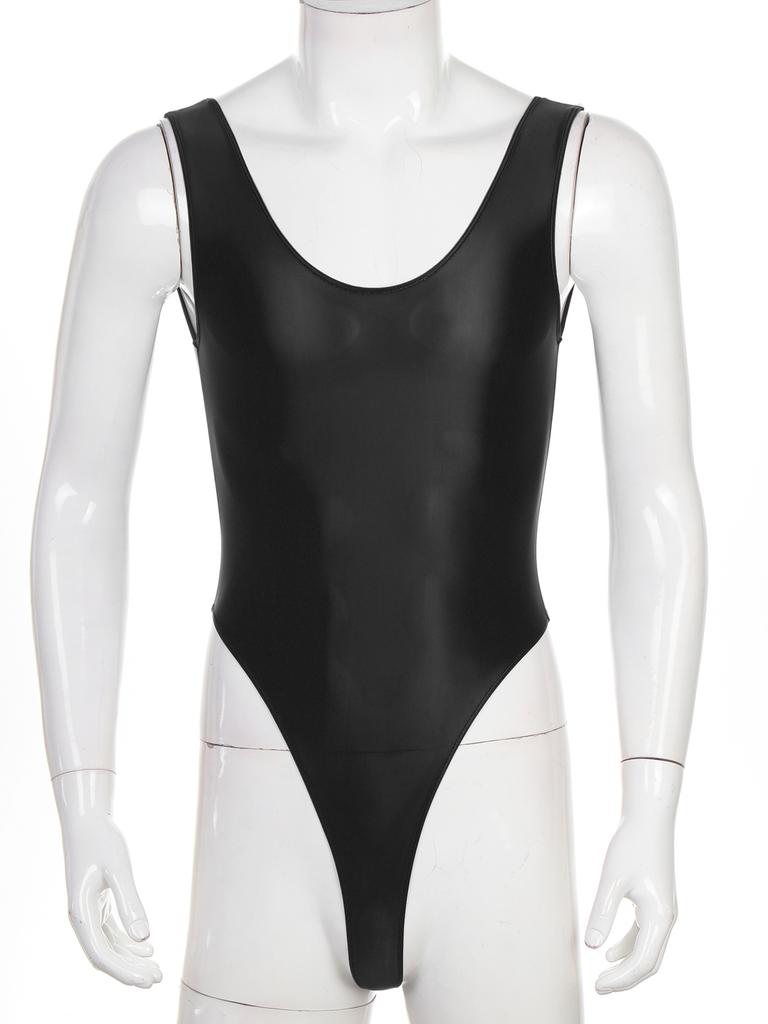 Mens Glossy Backless Bodysuit Leotard Underwear One-piece Swimsuit for Yoga Sports Fitness Swimming Clothes