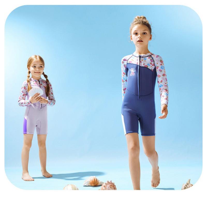 2.5mm Kids Girls Full Wetsuit Long Sleeve Short Pants Dive Suit Snorkeling Surfing Swimming Warmth Protection