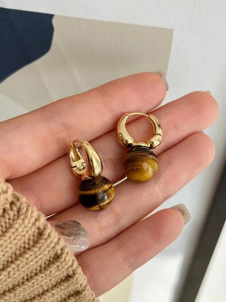 Women 12mm Natural Tigereye Hoop Earrings Gold Plated Copper Circle Earrings Autumn Winter Party Fashion Jewelry Gift