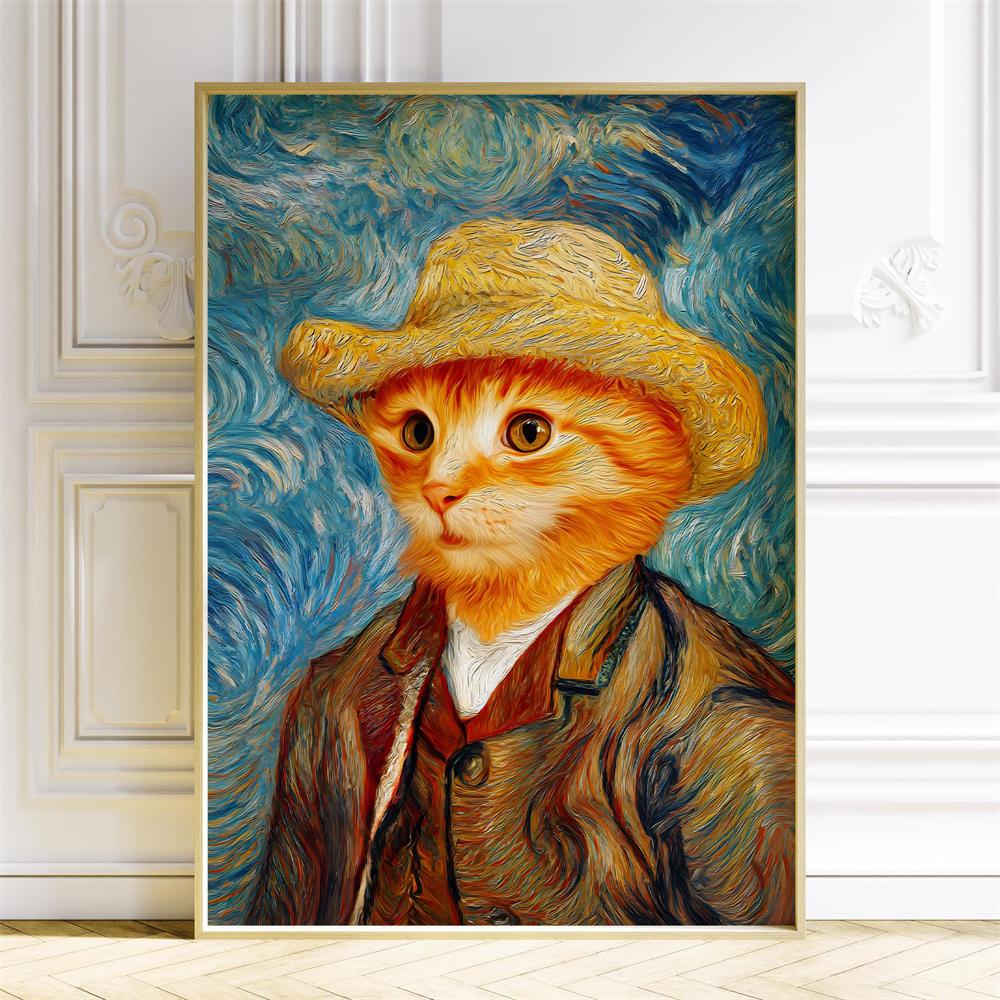Cat With Pearl Earring Print Mona Lisa Cat Classic Art Cat Poster Renaissance Style Wall Art Parody Cat Canvas Painting Decor 21X30CMNo Framed