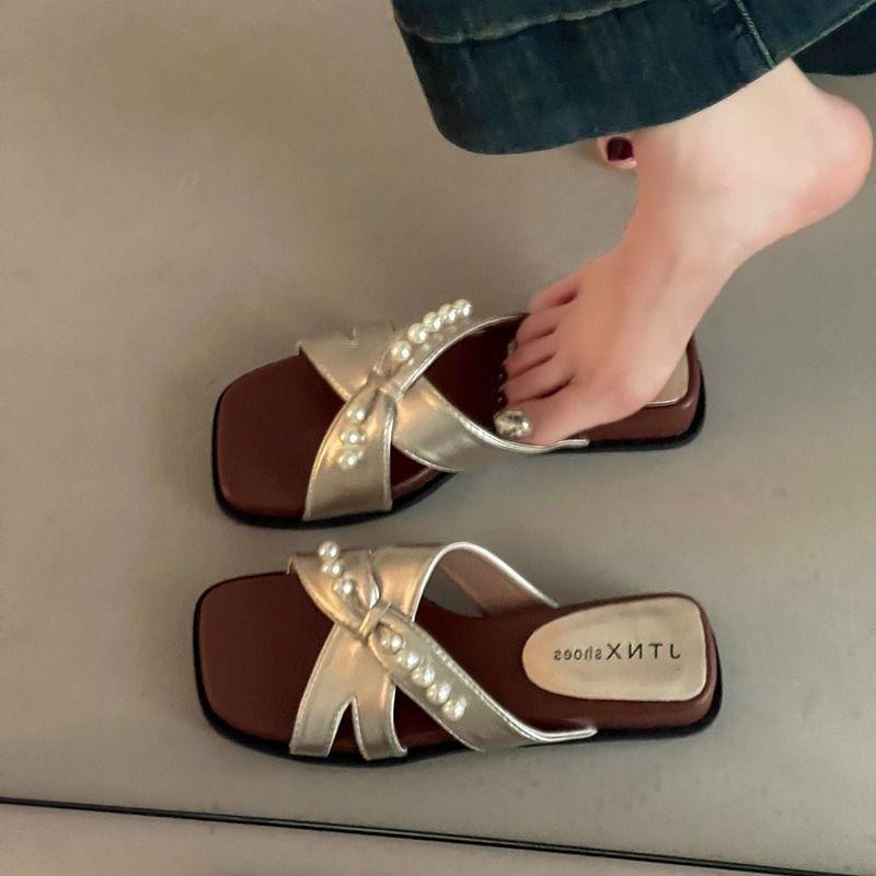 

Romantic beach shoes skirt new slippers summer wear beaded pearl cross word beautiful sandals 40 шампанського