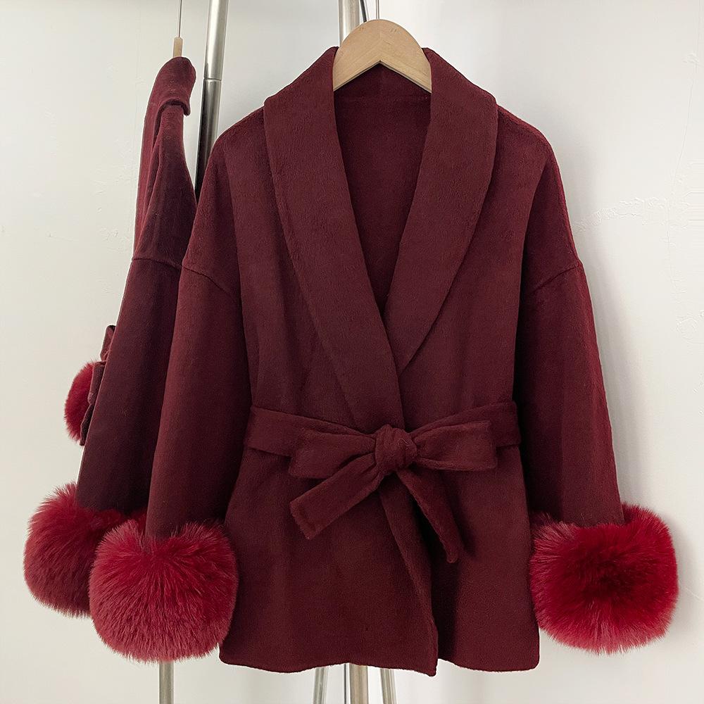 

Vintage French Double-sided Wool Coat for Women High Quality Women s Elegant Jackets Female 2026 Autumn Winter M вина червоного кольору