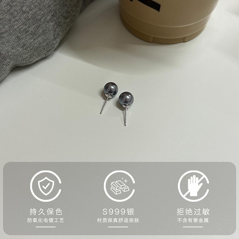 

French pearl 999 silver stud earrings, gentle temperament ins niche design bead earrings, retro and elegant new models 999 silver