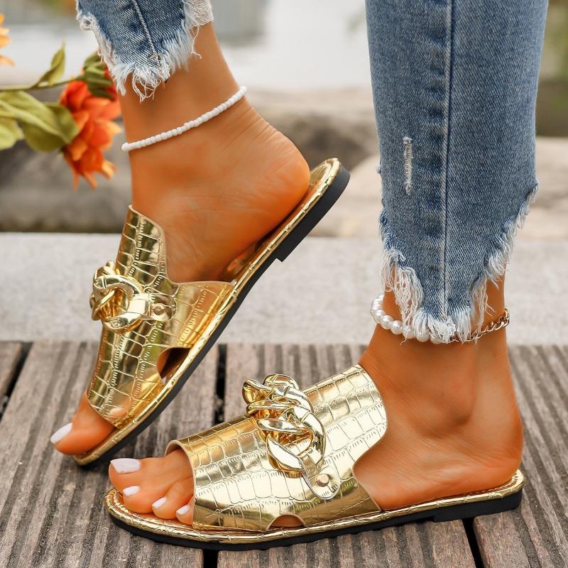 N Nü's Large Size Chain Peep Toe Flat Sandals Summer New European and American Fashion Sandals