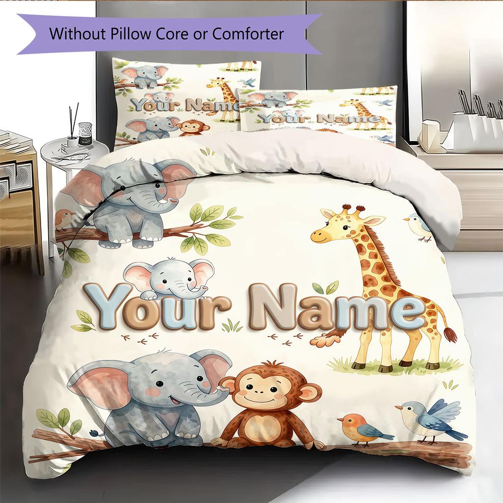 Custom Name,Cute Safari Animal Series Pattern Bedding Home Decoration Birthday Gift ( 1 Duvet Cover + 2 Pillowcase, Without Core),fan Merchandise.