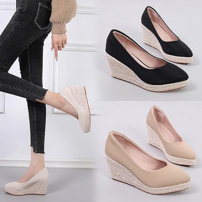 Spring and Autumn New Pointedtoed Wedged Shallowmouth Single Shoes Women's Highheeled Thicksoled Strawwoven Hemp Ropesoled Shoes
