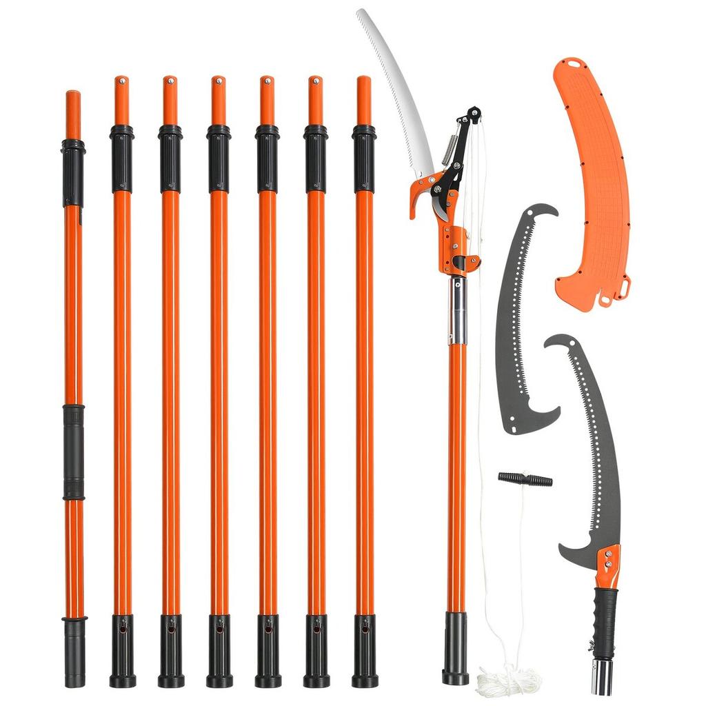 Manual Pole Saw, 7.3-27 Ft Extendable Tree Pruner, Sharp Steel Blade and Scissors High Branches Trimming, Branch Trimmer with Lightweight 8 Fiberglass