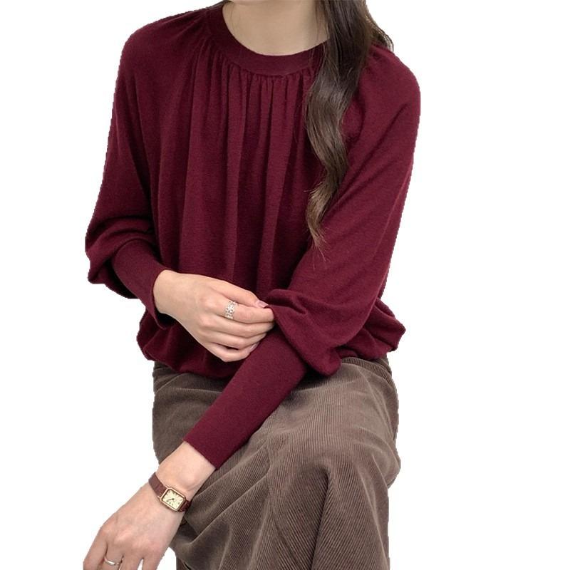Merino Quan Wool Pleated Design Crew Neck Bat Sleeve Knitted Sweater Women's Simple Temperament Pullover with Bottoming Shirt