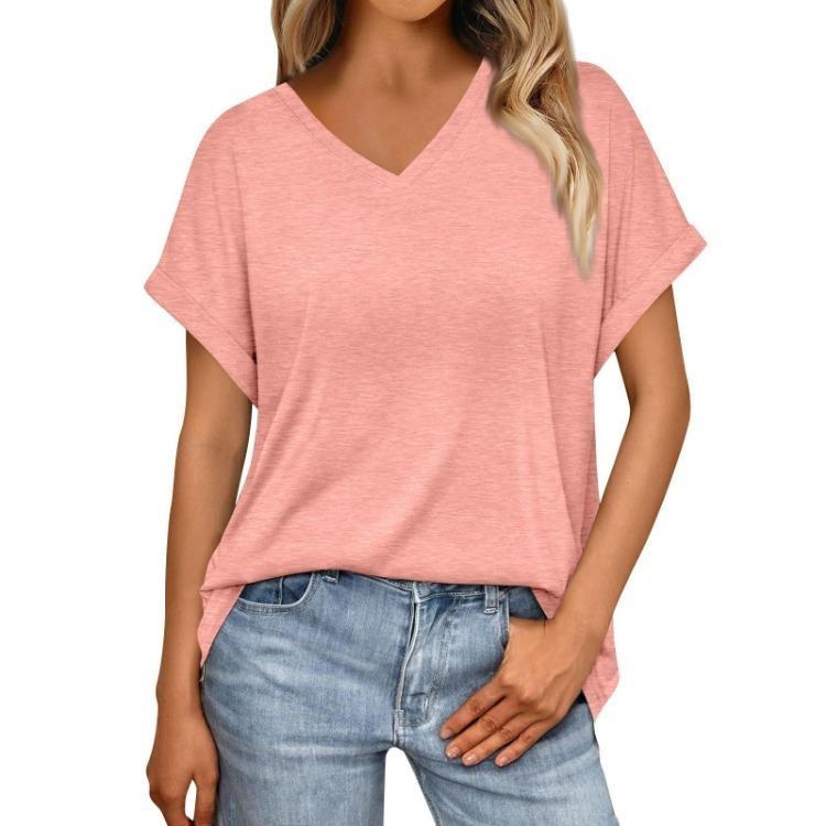 Damen Sommer V-Ausschnitt T-Shirt Locker Kurzarm Einfarbig Mode Top
