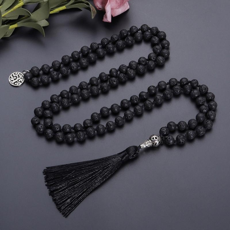 Hand Knotted Beads Necklace with Natural Stone Tassels Spiritual Jewelry Prayer Necklace for Everyday Wear and Rituals