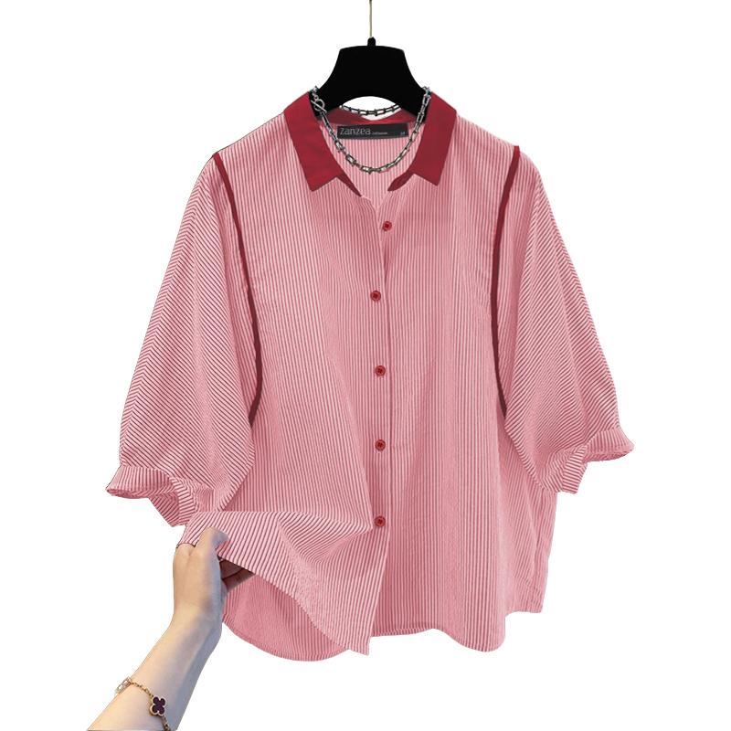 

ZANZEA Жіноча блуза вільного крою з коміром, що відкладається, та рукавом 3/4 в смужку M червоний