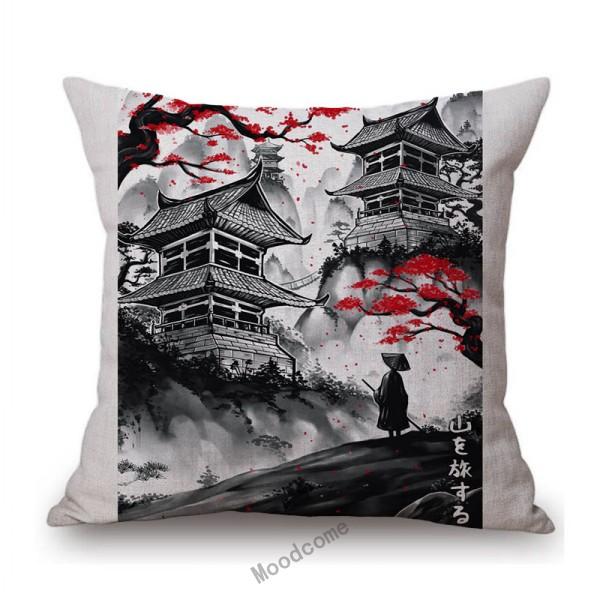 Japanese Ink Painting Geisha Samurai Spirit Tattoo Black Red Sakura Sushi Store Decoration Throw Pillow Case Linen Cushion Cover