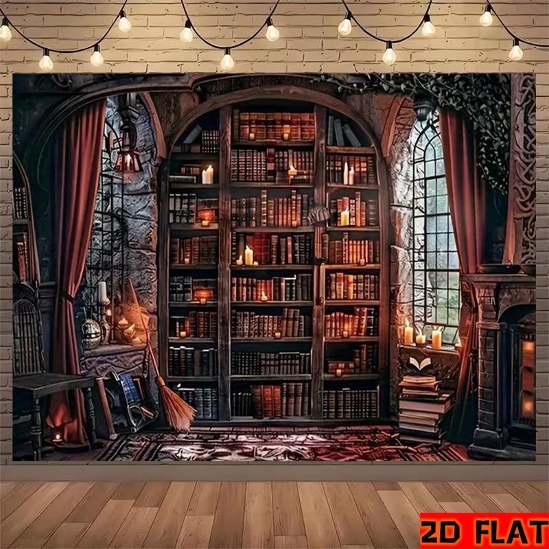 2D Magical Gothic Library Tapestry, Old Books, Candles & Red Curtains Wall Decor 47.2x31.5inch/120*80cm