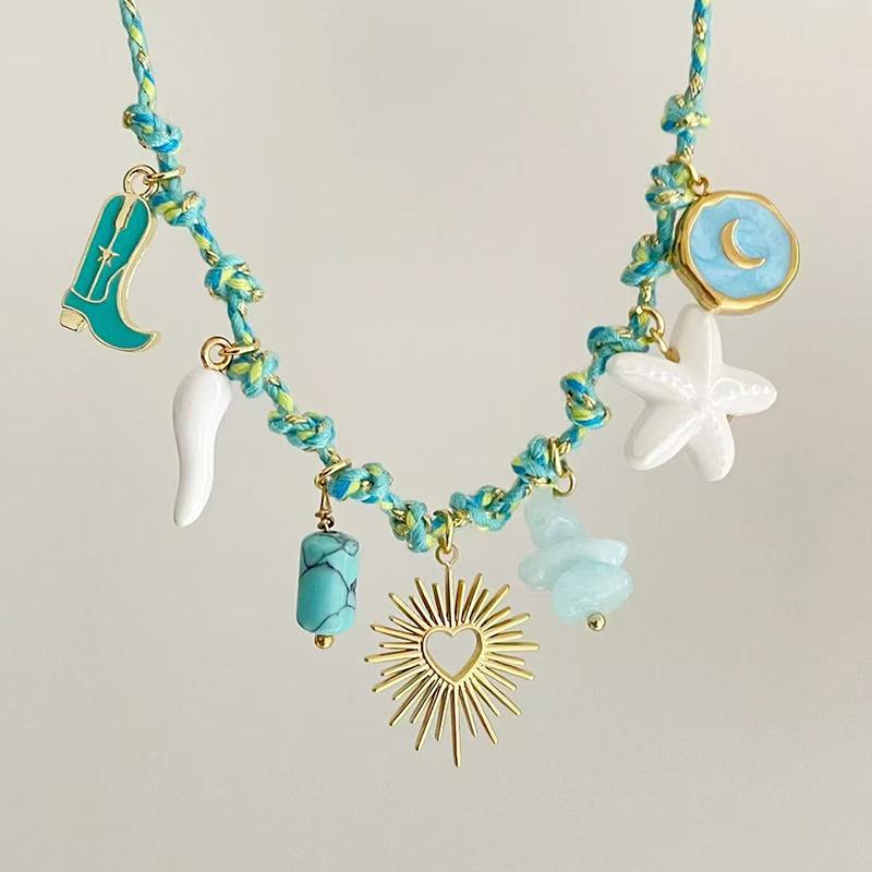 

Персонализированное ожерелье из нержавеющей стали с плетеной цепочкой, кулоном в виде морской звезды и черепахи, цветное, пляжный стиль, ювелирный подарок