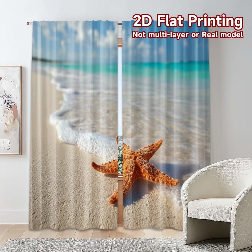Set Of 2 Flat Printing Curtains Without Rod Starfish Bliss Chic Digital Printed Versatile Fabric Decorations Curtain Polyester