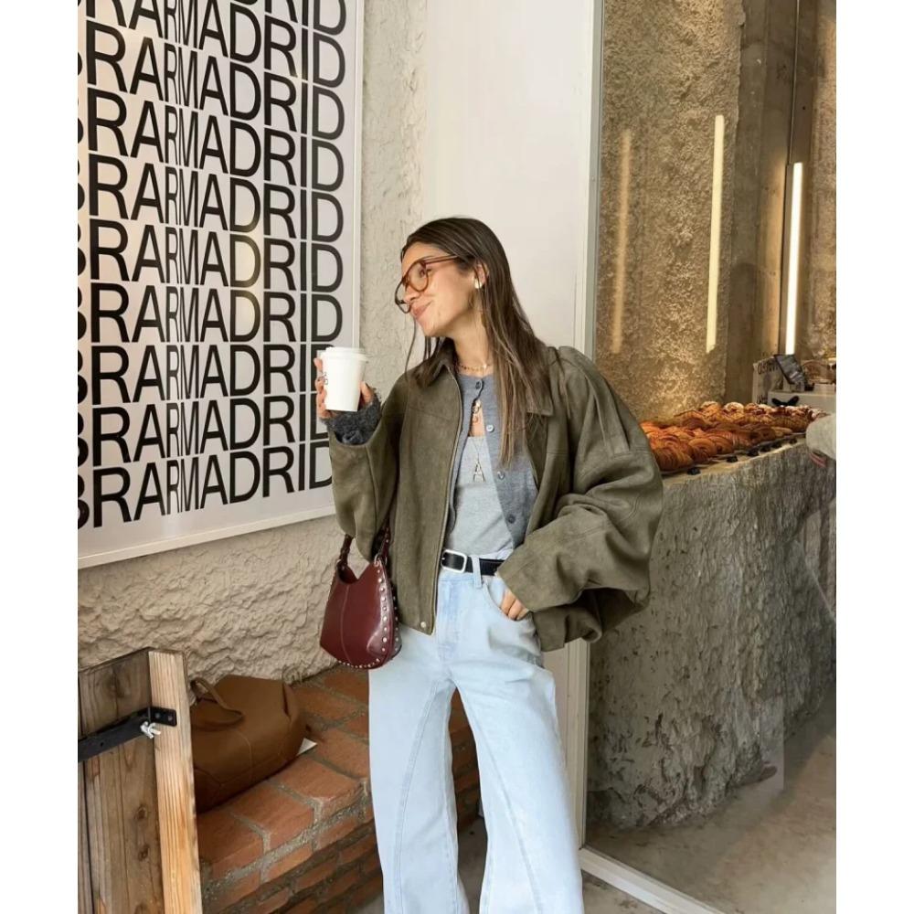 New Women's Suede Texture Effect Loose Version of Fashion Lapel Shoulder Bomber Jacket