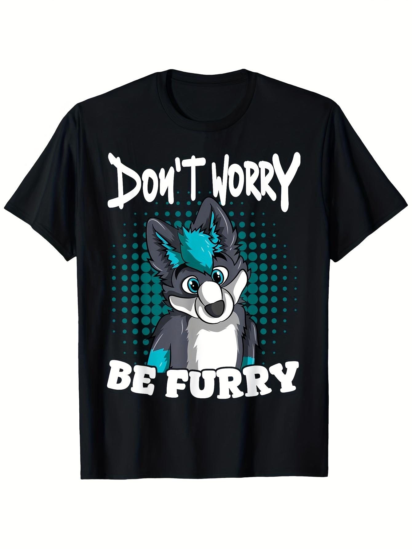 Black Cotton T-shirt with Don t Worry Be Furry Cartoon Wolf Print - Casual Crew Neck S